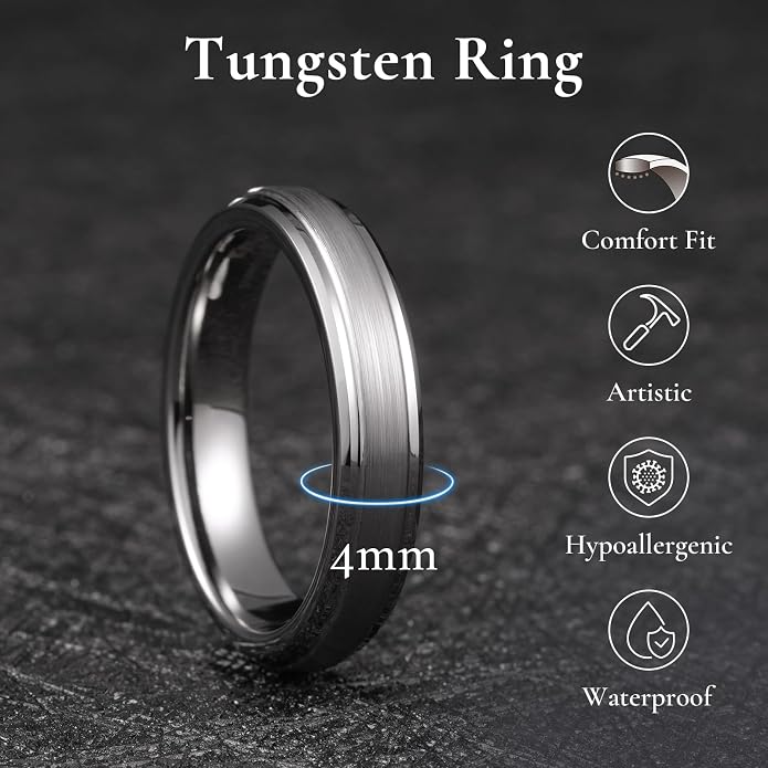 King Will Classic Tungsten Wedding Band for Men, 6/7/8/9/10mm Widths, Polished Finish Step Edge Matte Rings Comfort Fit