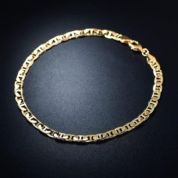 Barzel 18K Gold Plated Flat Mariner/Marina Link Chain Bracelet - Made In Brazil