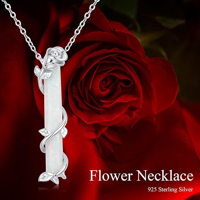 Bar Opal Leaf Necklace For Women S925 Sterling Silver White Opal Pendant with Leaf Charm Bar Pendant Jewelry Gift For Mom Daughter Wife