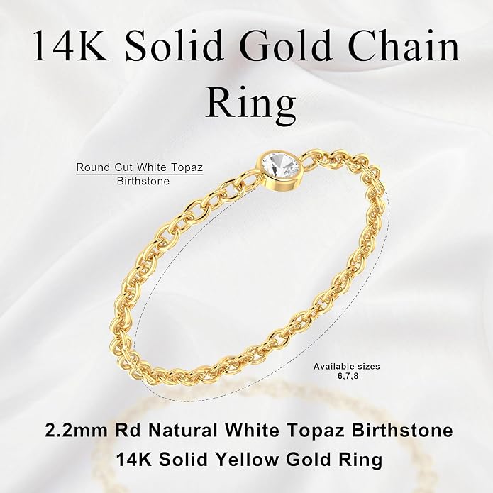 14k Gold Chain Rings for Women with Natural 2.2mm Birthstone, Women's Statement Rings, Chain Rings