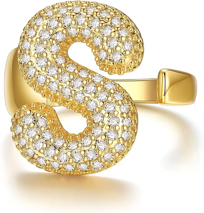KeyStyle Bold Initial Letter Rings Adjustable, GoldChic Jewelry Women Gold Statement Ring Personalized Engraved Women’s Open Signet Ring for Party (Gold, White Gold, Black)