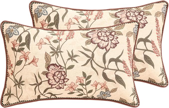 ISAENNE Designer Linen Throw Pillow Cover,Set of 2,20"x12"-Helena B | Elegant French Rectangle Pillow Cover,Concealed Zipper Design,Floral Pattern,Sofas,Bedroom,Living Room,Lounge Chairs