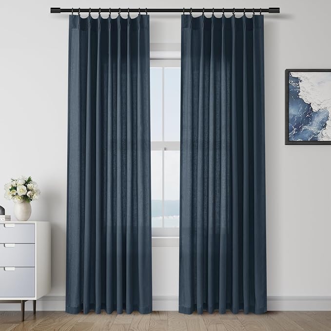 Aersas Denim Blue Pinch Pleated Linen Curtains 84 Inch Length 2 Panels for Living Room Bedroom Semi Sheer Window Curtain Boho Neutral Back Tab Pinch Pleat Drape with Hooks 40x84