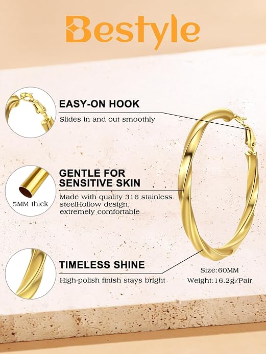 Bestyle 5mm Thick Gold Hoop Earrings Hypoallergenic Hoops for Sensitive Ears Trendy Lightweight Chunky Earrings for Women 30/40/60/80mm