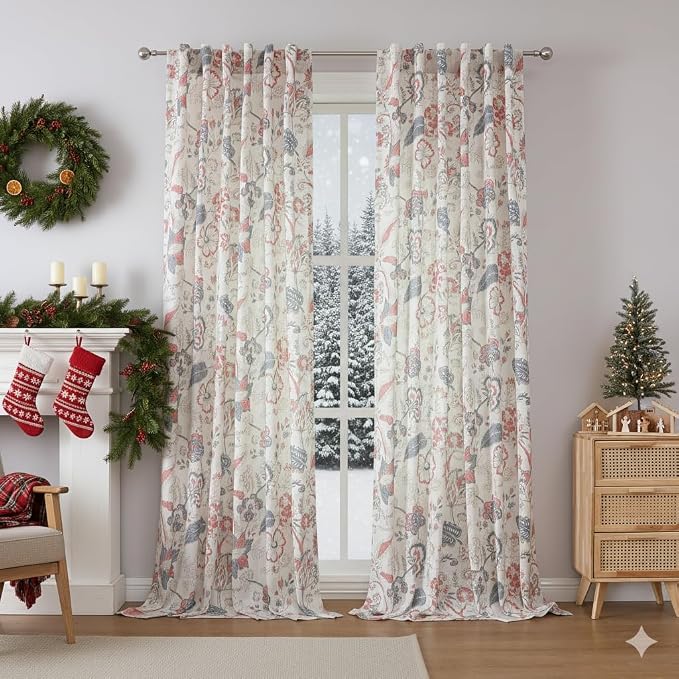 Kayne Studio Backtab Rod Pocket Jacobean Floral Semi Sheer Curtains Botanical Leaf Printed Vintage Farmhouse Navy Red Light Filtering Window Treatment Sets Living Room Bedroom,52"x90",2 Panels