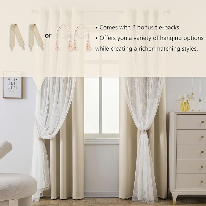 MYSKY HOME Beige Blackout Short Curtains for Bedroom with Polka Dots Sheer Overlay Boho Cream Elegante Nursery Girls Room Curtains 63 inch Long, Grommet Tops, 52" Wide Each Panel, 2 Panels