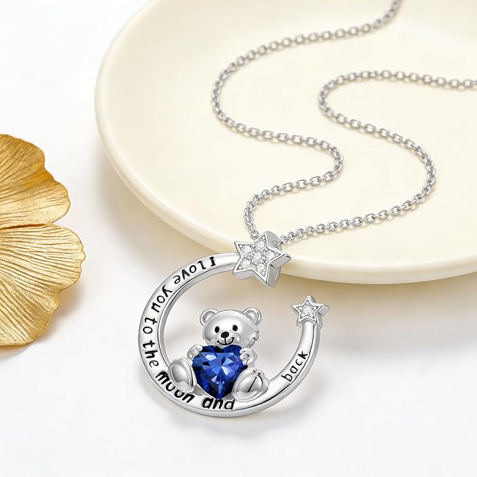 PELOVNY Teddy Bear Necklace for Women 925 Sterling Silver Bear/Highland Cow/Fox/Cat/Axolotl Birthstone Necklace Christmas Birthday Jewelry Gifts for Mom Daughter Wife Sister