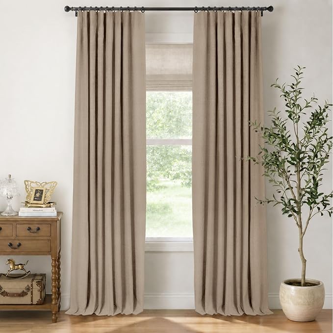INOVADAY 100% Blackout Curtains for Bedroom, Taupe Black Out Curtains 84 Inch Long, Clip Rings Linen Blackout Drapes, Thermal Insulated Room Darkening for Living Room, 2 Panels - W50xL84