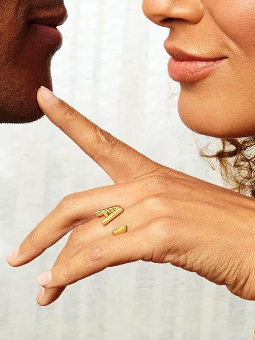 Suplight Nikel Free 18K Gold Plated Letter Rings, Fashion Monogram Jewelry Statement A-Z Wide Name Initial Alphabet Adjustable Open Ring for Women