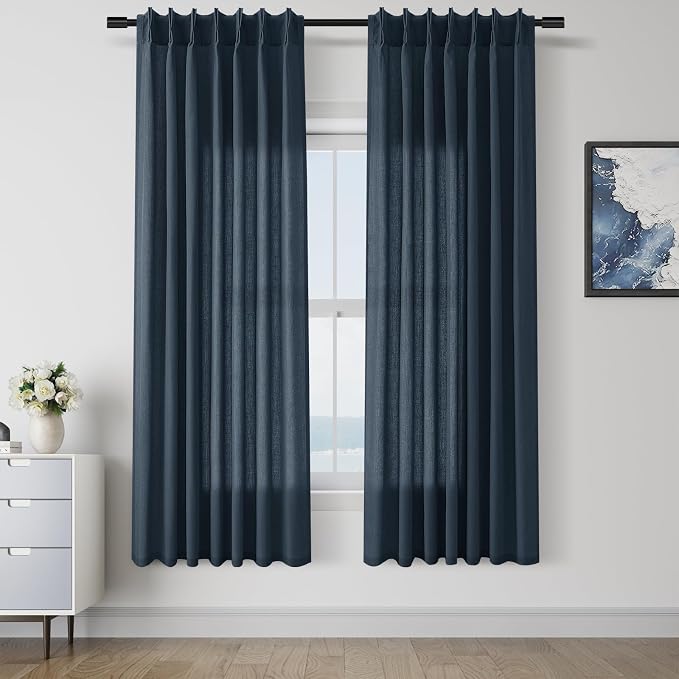 Aersas Denim Blue Pinch Pleated Linen Curtains 72 Inch Length 2 Panels for Living Room Bedroom Semi Sheer Window Curtain Boho Neutral Back Tab Pinch Pleat Drape with Hooks 40x72