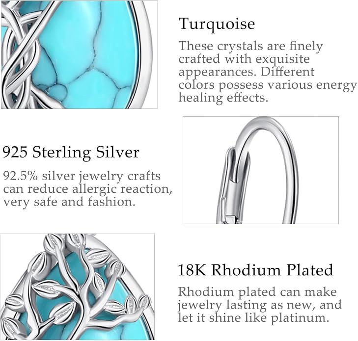 Vito 925 Sterling Silver Teardrop Earrings for Women, Moonstone Turquoise Drop Dangle Earrings Cat Snake Turtle Tree of Life Leverback Earrings Boho Jewelry Gift for Mom Wife