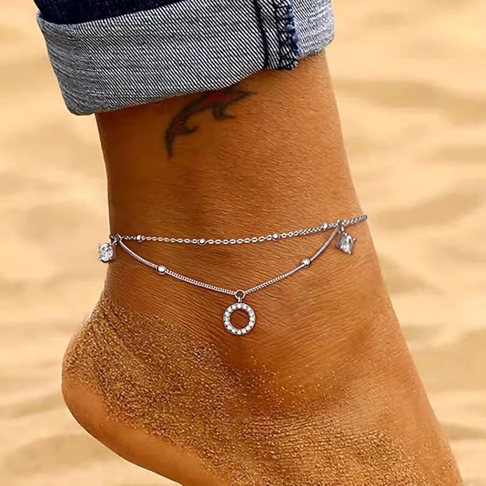 925 Sterling Silver Beaded Anklets for Women 14K Gold Plated Layered Ankle Bracelets Waterproof Cubic Zirconia Circle Charm Anklets Summer Jewelry Birthday Graduation Gifts