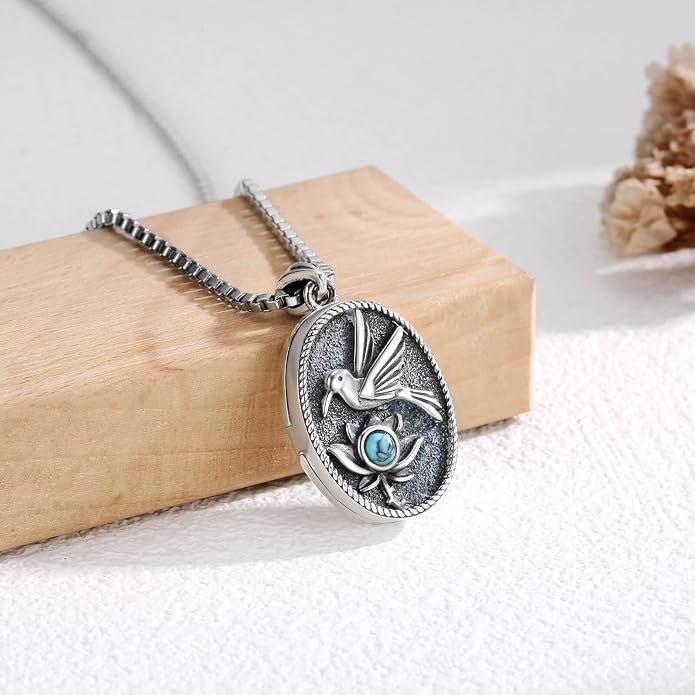 925 Sterling Silver Oval Turquoise Lockets Pendant that Holds Pictures Vintage Jewelry Memorial Gifts for Women
