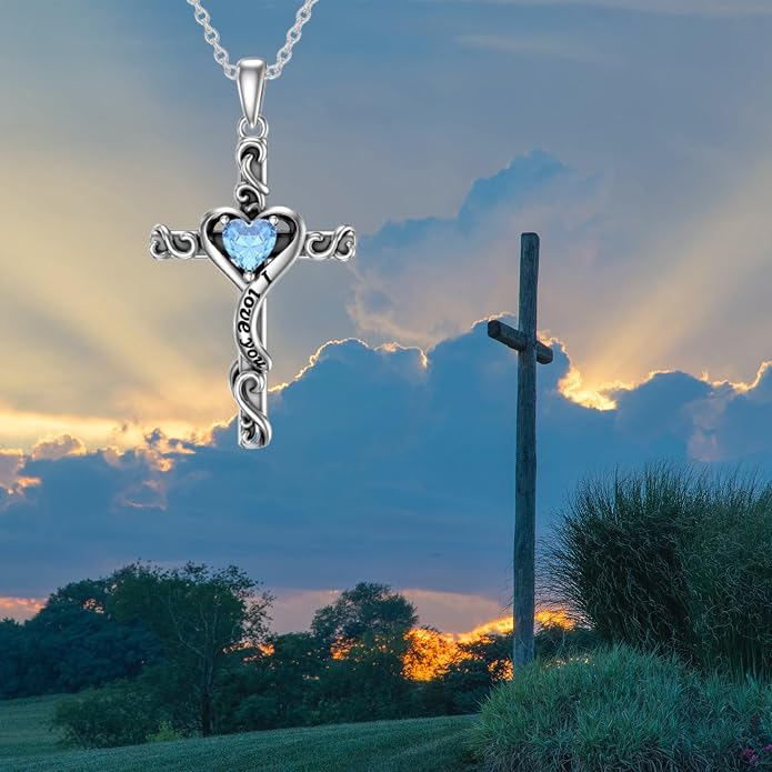 TOUPOP Cross Birthstone Necklace for Women 925 Sterling Silver Heart Cross Pendant I Love You Jewelry Anniversary Birthday Mothers Day Gifts for Mom Wife Her