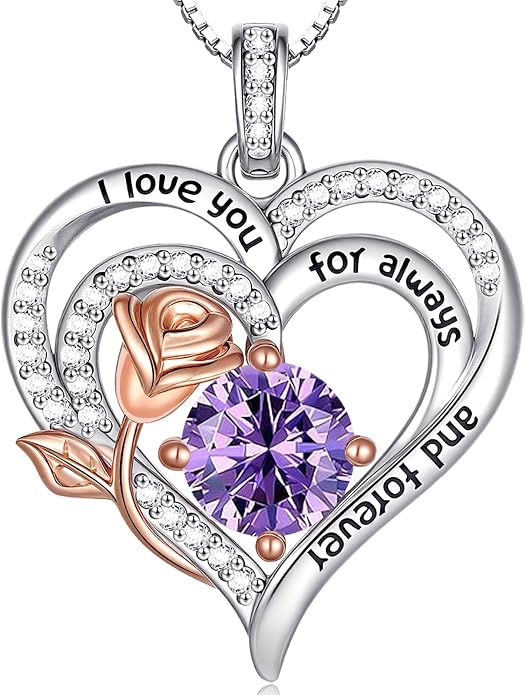 Birthstone Heart Necklaces for Women 925 Sterling Silver Fine Jewelry Rose Pendant Necklace Anniversary Birthday Mothers Day Gifts Her Wife Women Mom Daughter