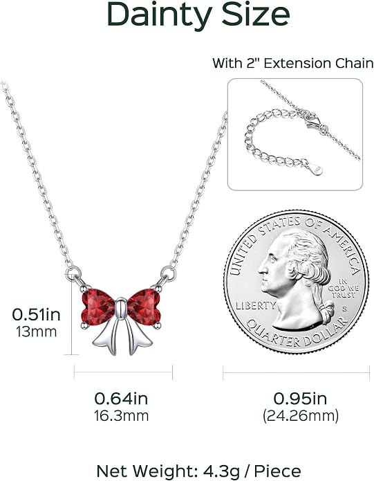 ChicSilver Bow and Cat Birthstone Necklace, 925 Sterling Silver Pendant Necklaces for Women, Hypoallergenic Silver Choker with 16 inch Rolo Chain, 12 Months Jewelry for Valentines Mothers Day Christmas