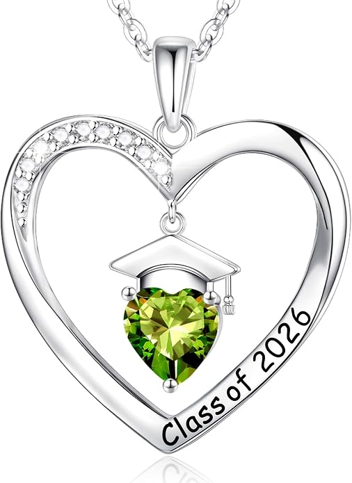 Anoup 2026 Graduation Gifts - 925 Sterling Silver Heart Birthstone Necklace Class of 2026 College High School Graduation Gifts for Women Her