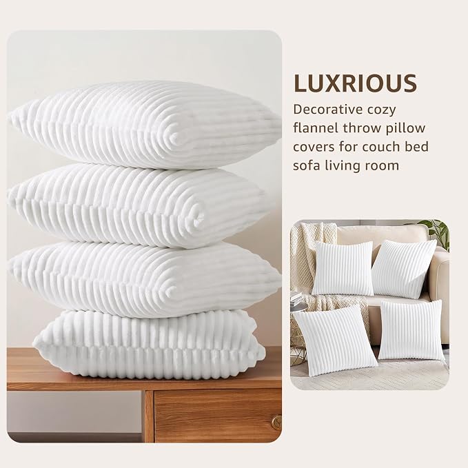 decorUhome Flannel White Throw Pillow Covers 18X18 Set of 4 | Decorative Fall Soft Fluffy Striped Double-Sided Couch Pillow Covers, Modern Farmhouse Pillow Cases for Sofa bed Home Decor