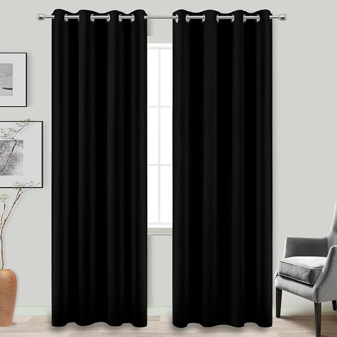 KOUFALL Blackout Curtains for Sliding Glass Doors,86 Inches Long Thermal Insulated Drapery Panels for Living Room,Black