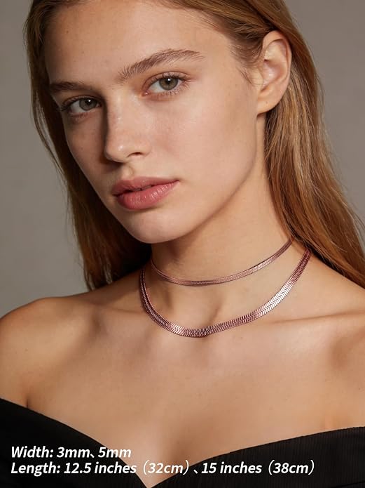 FindChic Black/14K Gold Plated Herringbone Choker Chain Necklace for Women | Waterproof Stainless Steel, Dainty Layering, Flat Snake Chain, Non-Tarnish, Hypoallergenic, Adjustable Extender, Gift Box