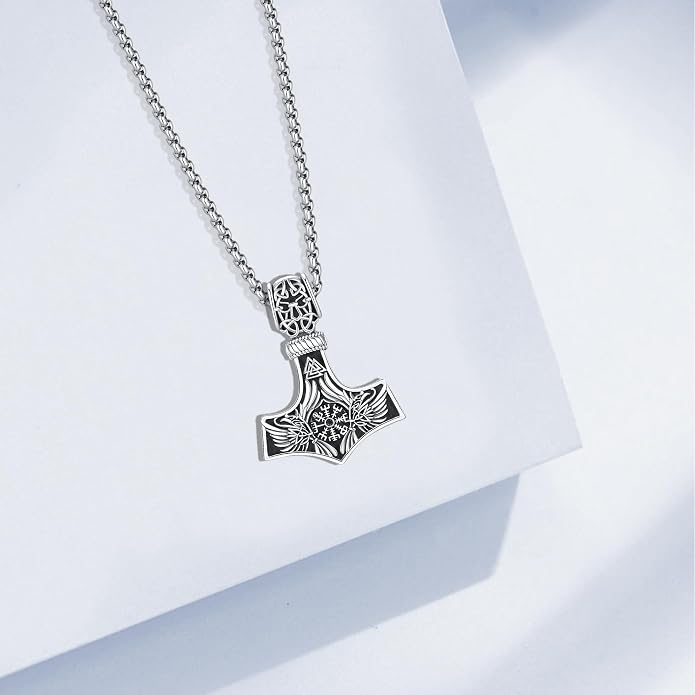 Thors Hammer Necklace - Viking Mjolnir Necklace Nordic Vegvisir Valknut Symbol Pendant 925 Sterling Silver Norwegian Amulet Jewelry Gift for Men Women