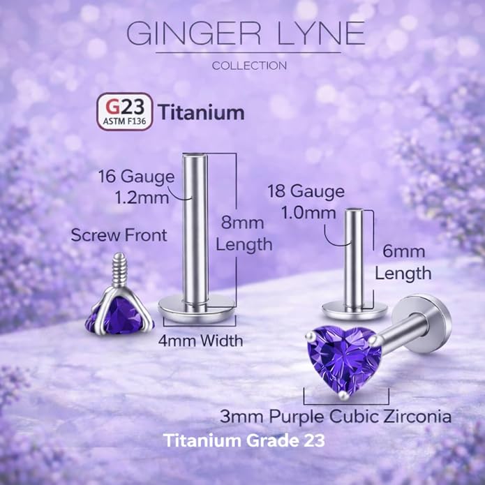 Titanium Heart CZ Labret Stud Earrings for Piercings by Ginger Lyne 6Pc Set G23 Screw Front Flat Back Body Jewelry 2 pair post 6mm, 8mm Cartilage, Helix, Tragus, Lip, Conch, Lobe