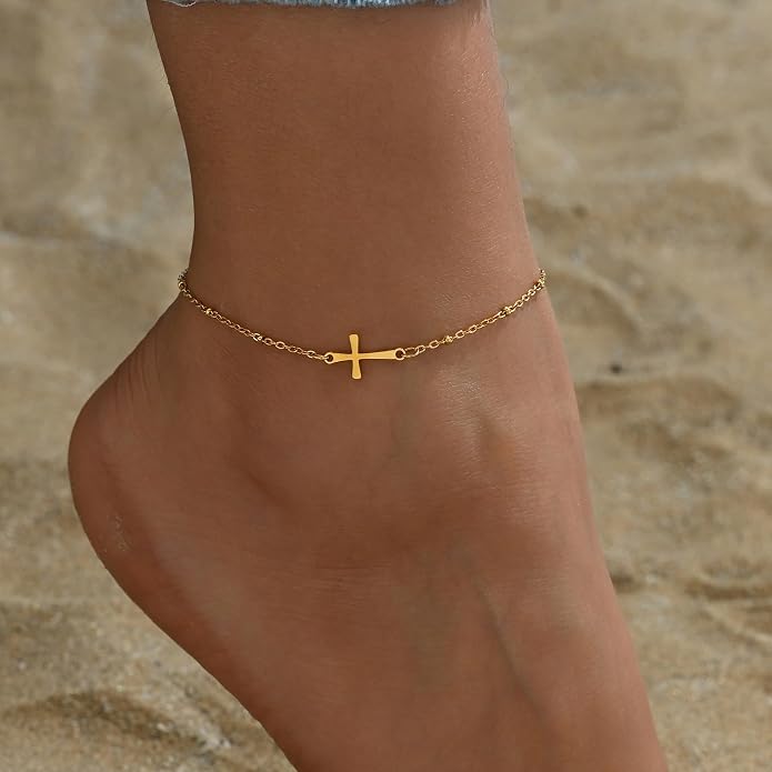 Dainty Ankle Bracelets for Women 18K Gold Plated Satellite Beaded Herringbone Lip Chain Anklets Simple Minimalist Summer Beach Foot Jewelry Christmas Gifts