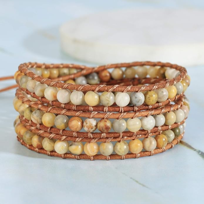 KELITCH Turquoise Beads Bracelets Leather 3 Wrap Bracelet Handmade Women Heart Jewelry