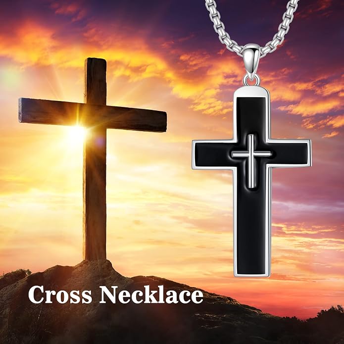KXJ S925 Sterling Silver Black Cross/Best Dad/Baseball Bat/Silver Cross/Ankh Cross/Crucifix with 22+2 Inches Stainless Steel Rolo Chain Cross Necklace for Men Women Christian Religious Jewelry Gifts