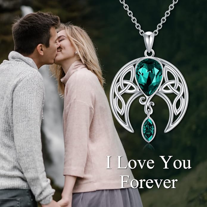 AOBOCO Sterling Silver Celtic Crescent Moon Goddess Pendant Irish Good Luck Necklace with Birthstone Crystal, Celtic Moon Jewelry Gift for Women Mom Wife