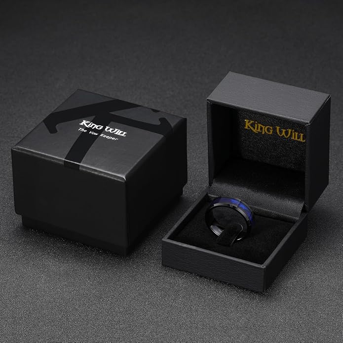 King Will Black Tungsten Wedding Band For Men, 8mm Promise Ring Inlay Red Twill Pattern/Colorful Wood Chips, High Polished Beveled Edge - Suitable For Daily Wear, Comfort Fit Size 7-14