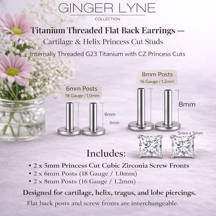 Titanium Princess Cut Labret Stud Earrings for Piercings by Ginger Lyne Solitaire Cz 6Pc Set G23 Screw Front Flat Back Body Jewelry 2 pair post 6mm, 8mm Cartilage, Helix, Tragus, Lip, Conch, Lobe