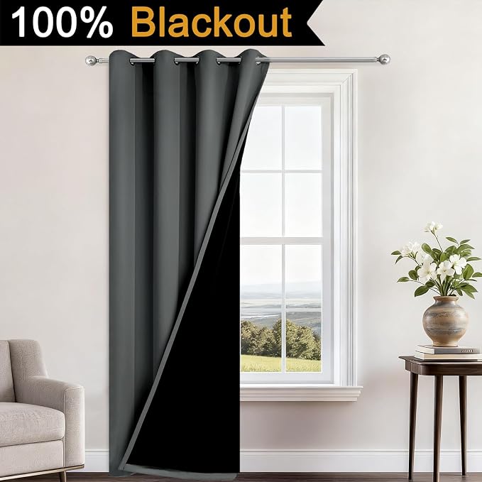 Yakamok Dark Grey Blackout Curtains 84" Long for Bedroom 52" Wide 1 Panel | Blackout Curtain Panels for Bedroom, 2 Thick Layers Grommet Top Thermal Insulated Drapes with Black Liner for Living Room