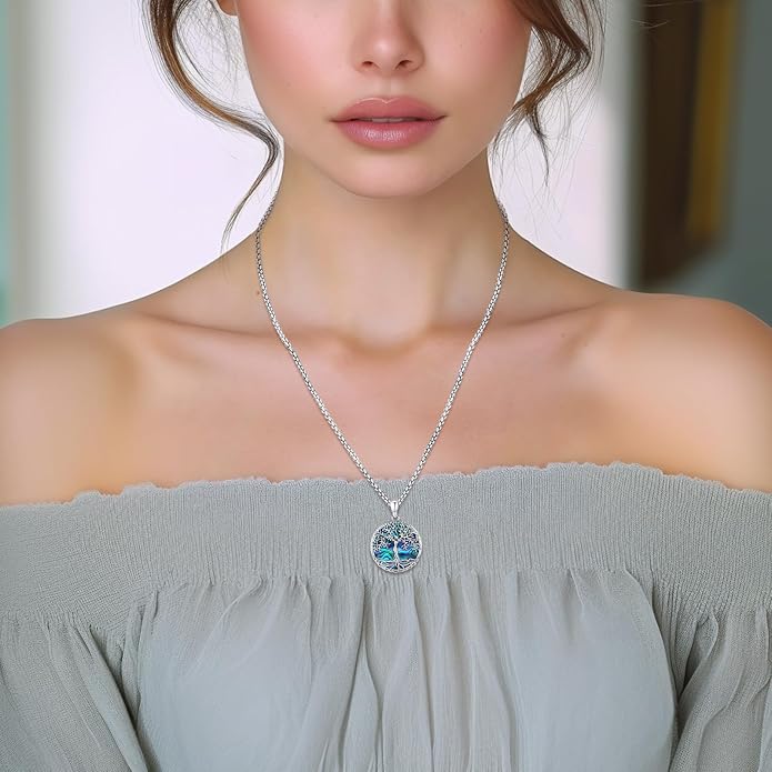 Sterling Silver Tree of Life Necklace for Women Oval Family Tree Necklace Abalone Shell Moonstone Pendant Mother Day Necklace for Mom Tree of Life Jewelry