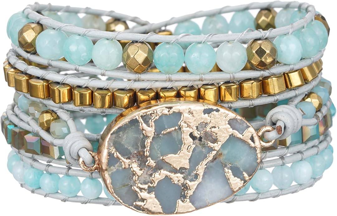 Plumiss Women Boho Handmade Natural Stone Crystal Leather Bead Wrap Bracelets Collection