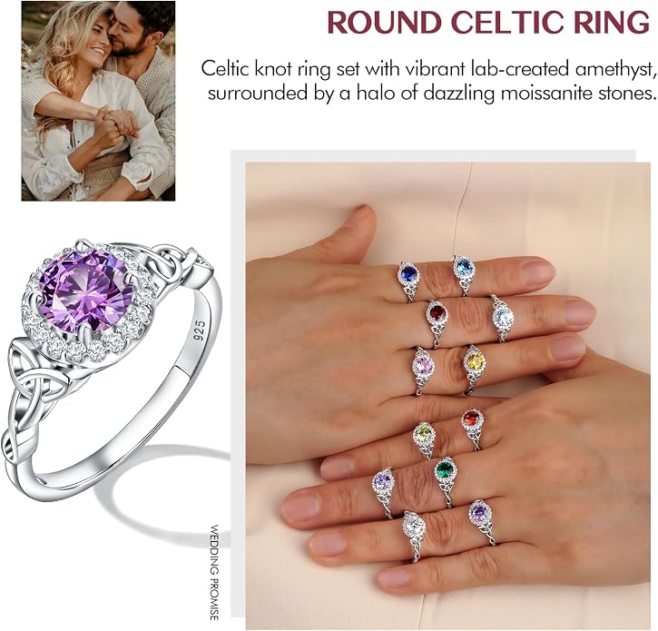 DAYBYDAY Celtic Birthstone Rings for Women 925 Sterling Silver Heart/Round/Pear/Oval Created Gemstone Moissanite Halo Engagement Promise Rings for Her Wife Birthday Anniversary Wedding Jewelry