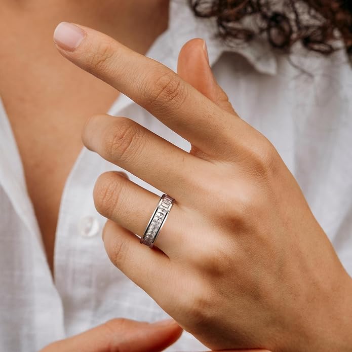 King Will 6mm 316L Stainless Steel Eternity Ring for Women, Colorful Baguette-Cut Cubic Zirconia Stackable Band, Pipe Cut Anniversary Engagement Ring Comfort Fit, Size 6-10