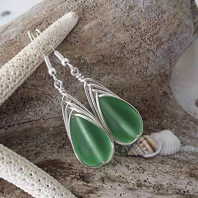 Handmade Sea Glass Earrings, Hawaiian Jewelry, Wire Braided Earrings Teardrop Earrings, Beach Jewelry Sea Glass Jewelry For Women Birthday Gift
