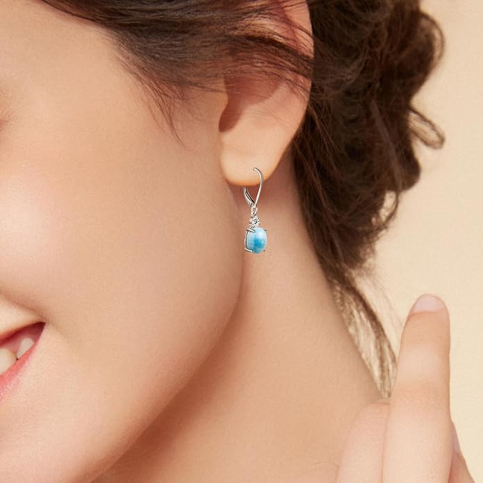 MDFUN 925 Sterling Silver Natural Larimar Earrings for Women Hypoallergenic Dangle Drop Blue Gemstone Leverback Jewelry