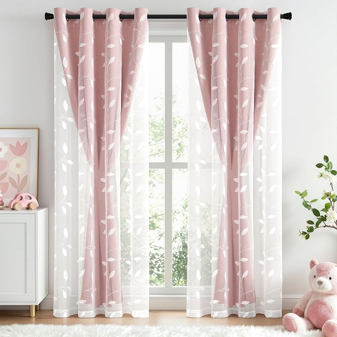 MIULEE Double Layer Curtains 84 Inches Long, White Leaf Patterned Sheer Floral Drapes and Pink Blackout Room Darkening Window Curtains for Living Room Bedroom, Grommets Top, 52" W x 84" L, 2 Panels