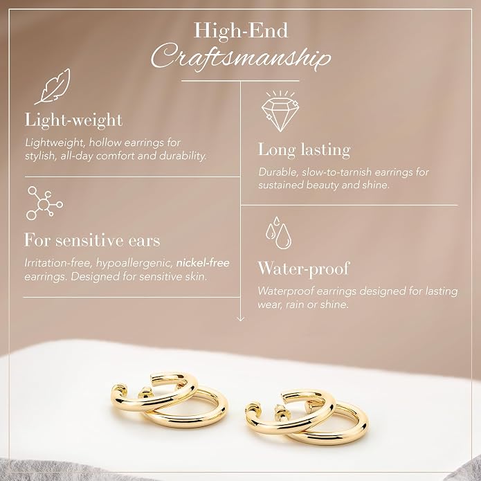 14K Gold-Plated, Lightweight, Open Hoop Earrings For Women