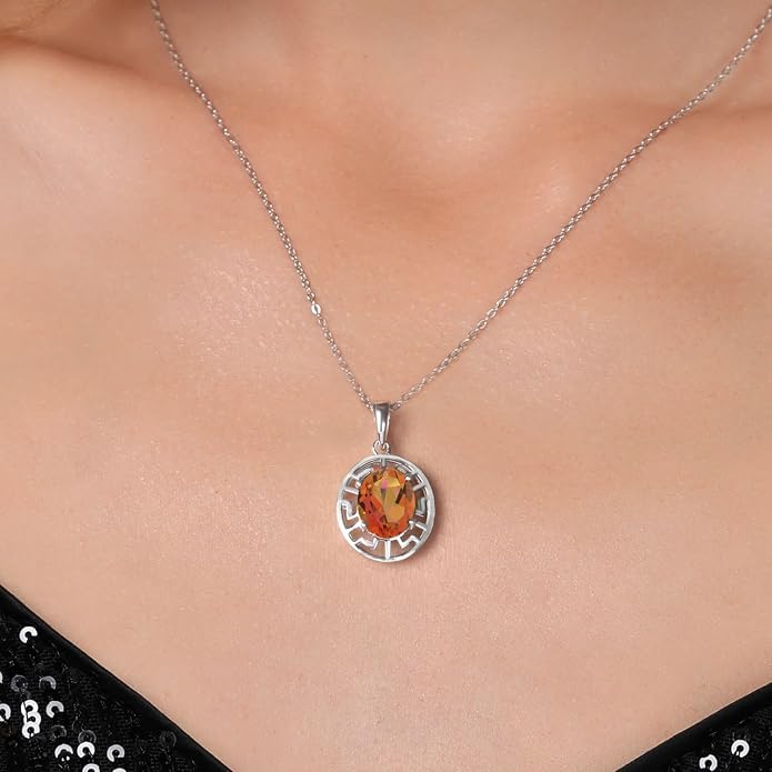 Gem Stone King 925 Sterling Silver 10X8MM Oval Gemstone Birthstone Necklace | Greek Key Pendant Necklace for Women | With 18 Inch Silver Chain