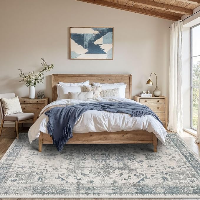 Rugxara Area Rugs 5x7, Washable Rugs for Living Room, Vintage Boho Light Blue Rug for Office, Dining Room, home decorKids Room and Farmhouse,Home Decor Durable Low Pile Non-Slip for High Traffic Areas