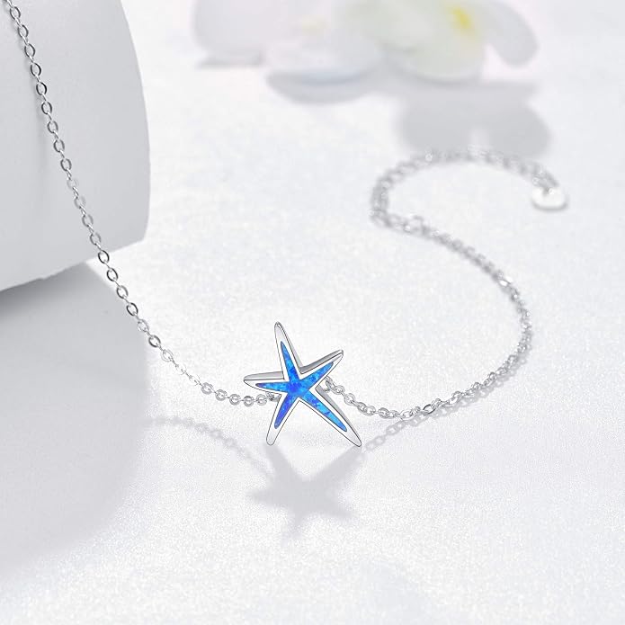 Cuoka Starfish Bracelet 925 Sterling Silver with White Fire Opal Chain Bracelets Ocean Jewelry Birthday For Women
