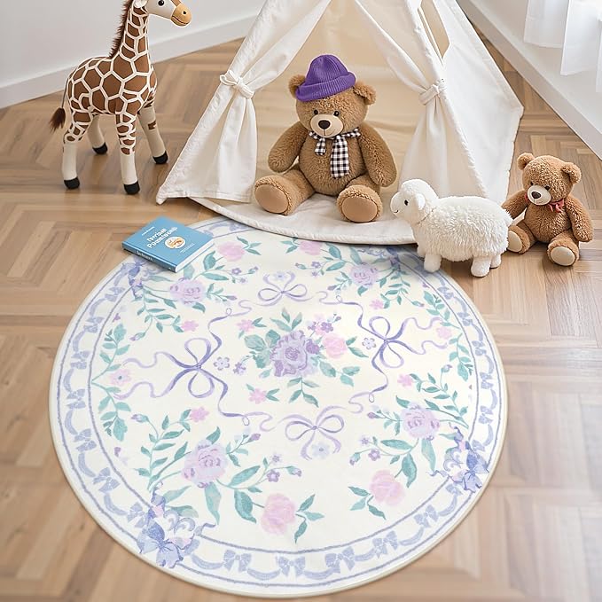 Collive Purple Bow Round Rugs for Girls, 4ft Floral Washable Circle Rug for Bedroom, Cute Ultra-Thin Non Slip Indoor Decor Carpet for Nursery Kids Room Playroom Living Room
