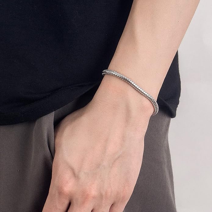 Dankadi Italy Smooth 3MM 4MM Round Snake Chain Bracelet Solid 925 Sterling Silver Men Women 6.3" 6.7" 7" 7.5" 8" 8.5" 9" 9.5" Bangle Charm Jewelry Gift