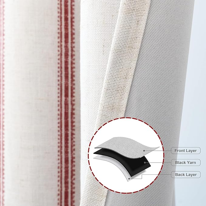 DriftAway Farmhouse Linen Stripe Blackout Curtains, W52xL108, Red | Blackout, Linen Texture, Stripe Pattern, Rod Pocket & Back Tab, Two Layers, Bedroom Living Room Use, Sound Reducing Design