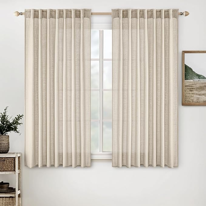 MIULEE Beige Linen Curtains 54 Inch Length 2 Panels for Bedroom Living Room, Soft Linen Textured Window Drapes Semi Sheer Light Filtering Back Tab Rod Pocket Farmhouse Modern Burlap Look Decor