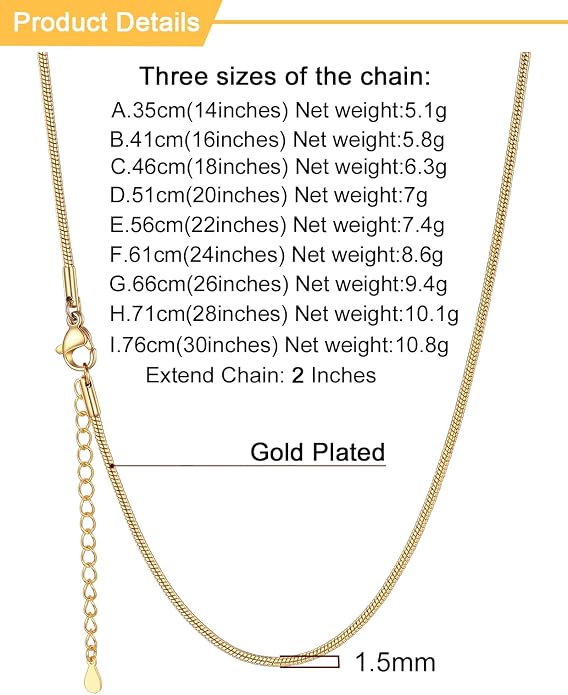 U7 Snake Necklace for Women 14K Gold Plated/Silver/Rose Gold/Black Chain Necklace Hypoallergenic, Stainless Steel Tiny Snake Chain Necklace 1/1.2/1.5/2MM, 14-30" Adjustable Minimalist Gift