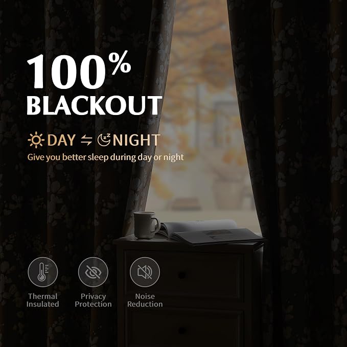 FMFUNCTEX 100% Blackout Brown Floral Curtains 84 Inch Grommet 2 Panels | Black Out Drapes, Thermal Insulated Cottage Farmhouse, Blossom Flower Patterned Curtain for Bedroom, Living Room Darkening